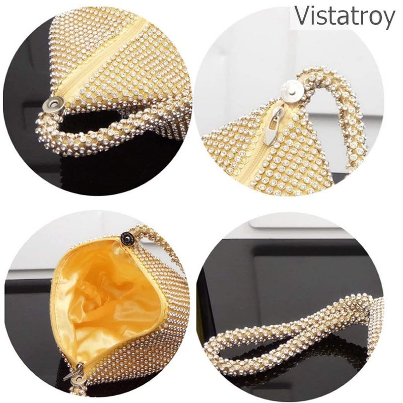 VISTATROY حقيبة سهرة نسائية من فيستاتروي، حقيبة يد متلألئة مزينة بالأحجار الكريمة، حقيبة كلاتش بتصميم مثلث بسلسلة، حقيبة حفلات، حفلات تخرج، زفاف (أسود)  - Image 4
